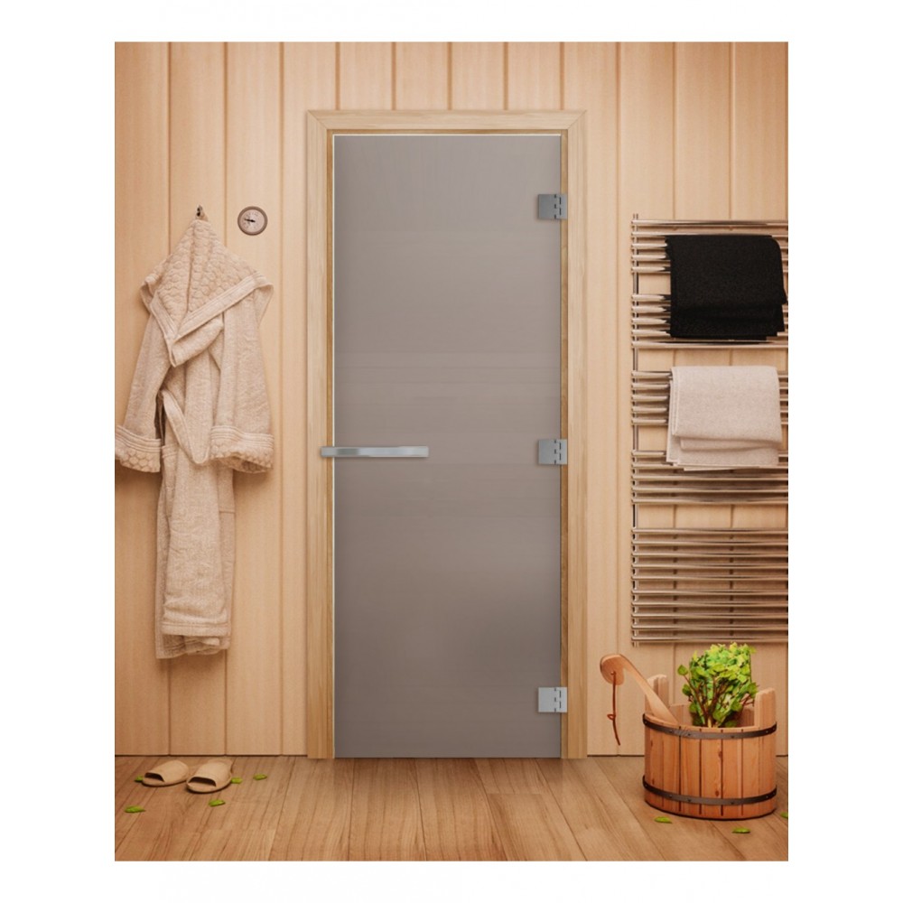 Дверь стеклянная DoorWood 600*1800 "Теплое утро" стекло сатин матовый 8 мм, коробка ольха, ручка алюминий/дерево